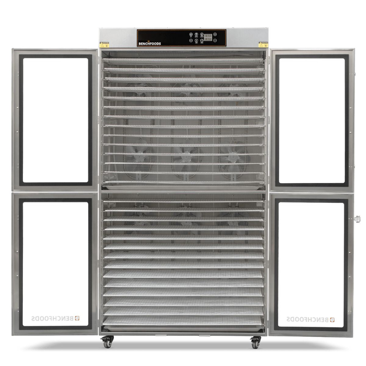 Front view of the BenchFoods 28CUDG dual-zone commercial biltong bundle dehydrator unit with all doors open showing the empty stainless steel rack layout.
