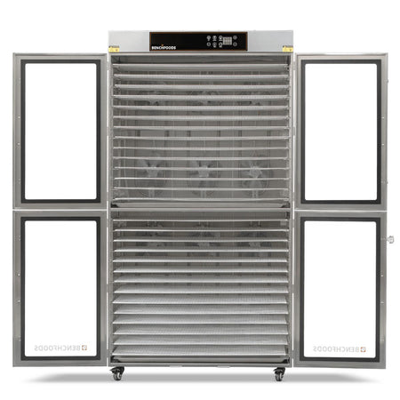 Front view of the BenchFoods 28CUDG dual-zone commercial biltong bundle dehydrator unit with all doors open showing the empty stainless steel rack layout.