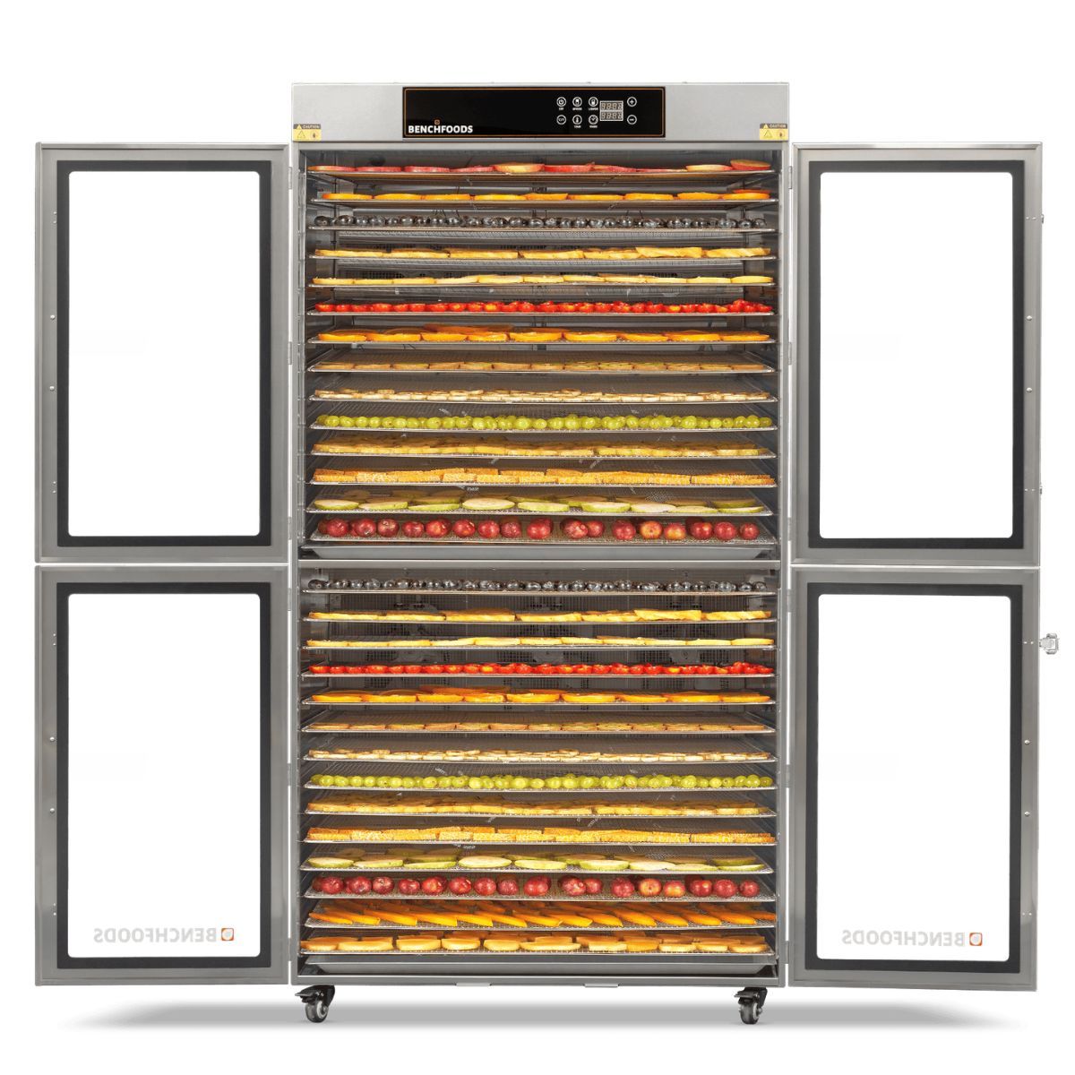 Full front view of the BenchFoods 28CUDG commercial biltong bundle food dehydrator with all doors open, revealing massive multi-tier high-capacity processing shelves.