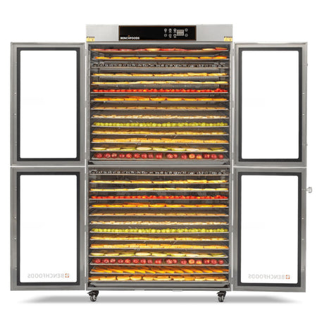 Full front view of the BenchFoods 28CUDG commercial biltong bundle food dehydrator with all doors open, revealing massive multi-tier high-capacity processing shelves.