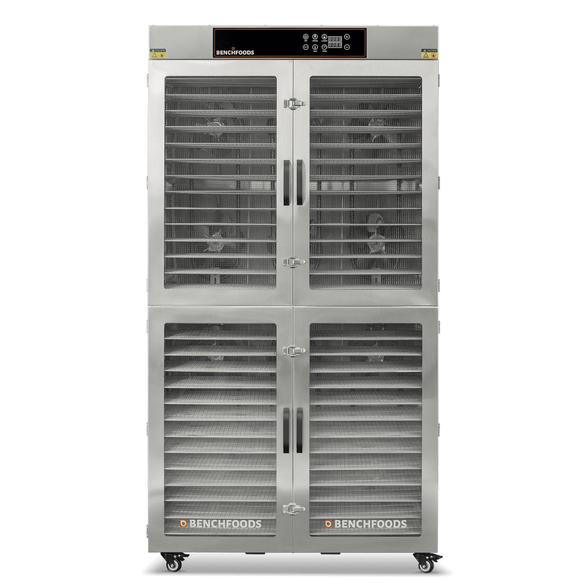 Exterior front shot of the BenchFoods 28CUDG commercial biltong bundle dehydrator with four closed tempered glass doors and empty interior wire shelves.
