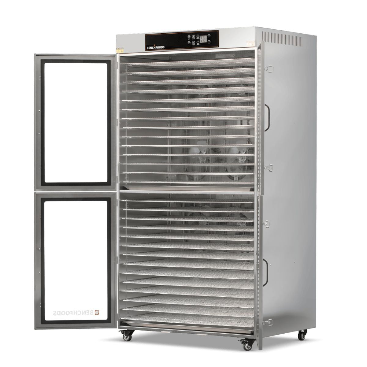 Angled side view of the empty BenchFoods 28CUDG 2-zone commercial biltong bundle dehydrator cabinet showcasing empty food-grade stainless steel shelving channels.