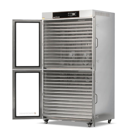 Angled side view of the empty BenchFoods 28CUDG 2-zone commercial biltong bundle dehydrator cabinet showcasing empty food-grade stainless steel shelving channels.
