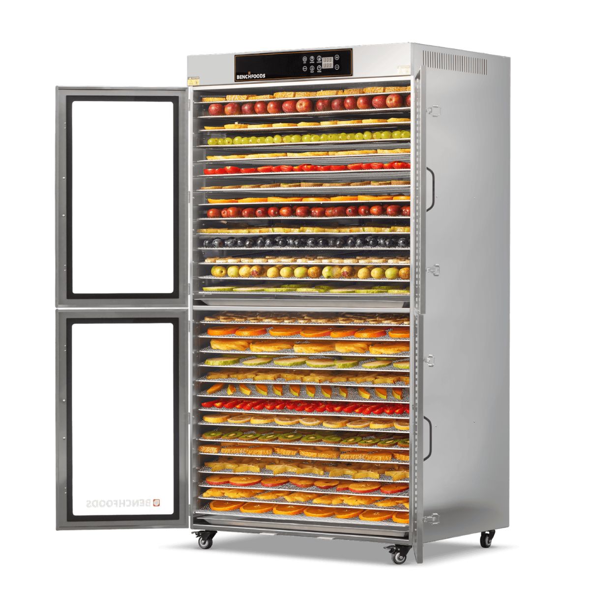 Angled studio profile of the BenchFoods 28CUDG commercial dehydrator bundle with left doors open, highlighting versatile stainless steel fruit processing racks.