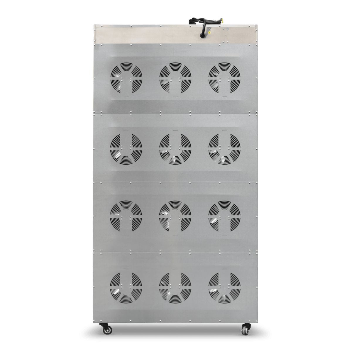 Rear exterior view of the commercial-grade BenchFoods 28CUDG biltong bundle dehydrator cabinet highlighting the heavy-duty 12-fan horizontal airflow layout grid.