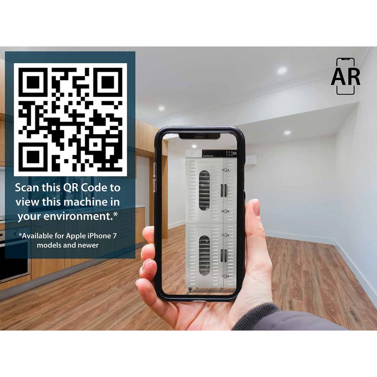 QR code graphic for a mobile kitchen spatial planning and sizing mockup tool for the BenchFoods 28CUDG commercial biltong bundle dehydrator.