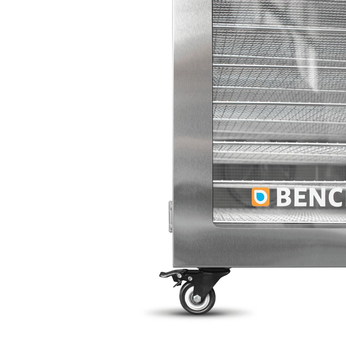 Close-up view of the heavy-duty lockable caster wheels and stainless steel base construction on the BenchFoods 28CUDG commercial biltong dehydrator bundle.