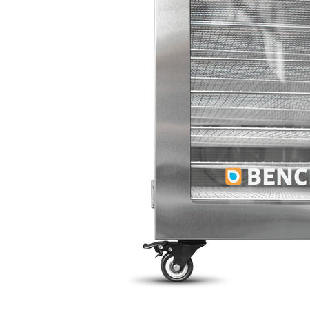 Close-up view of the heavy-duty lockable caster wheels and stainless steel base construction on the BenchFoods 28CUDG commercial biltong dehydrator bundle.