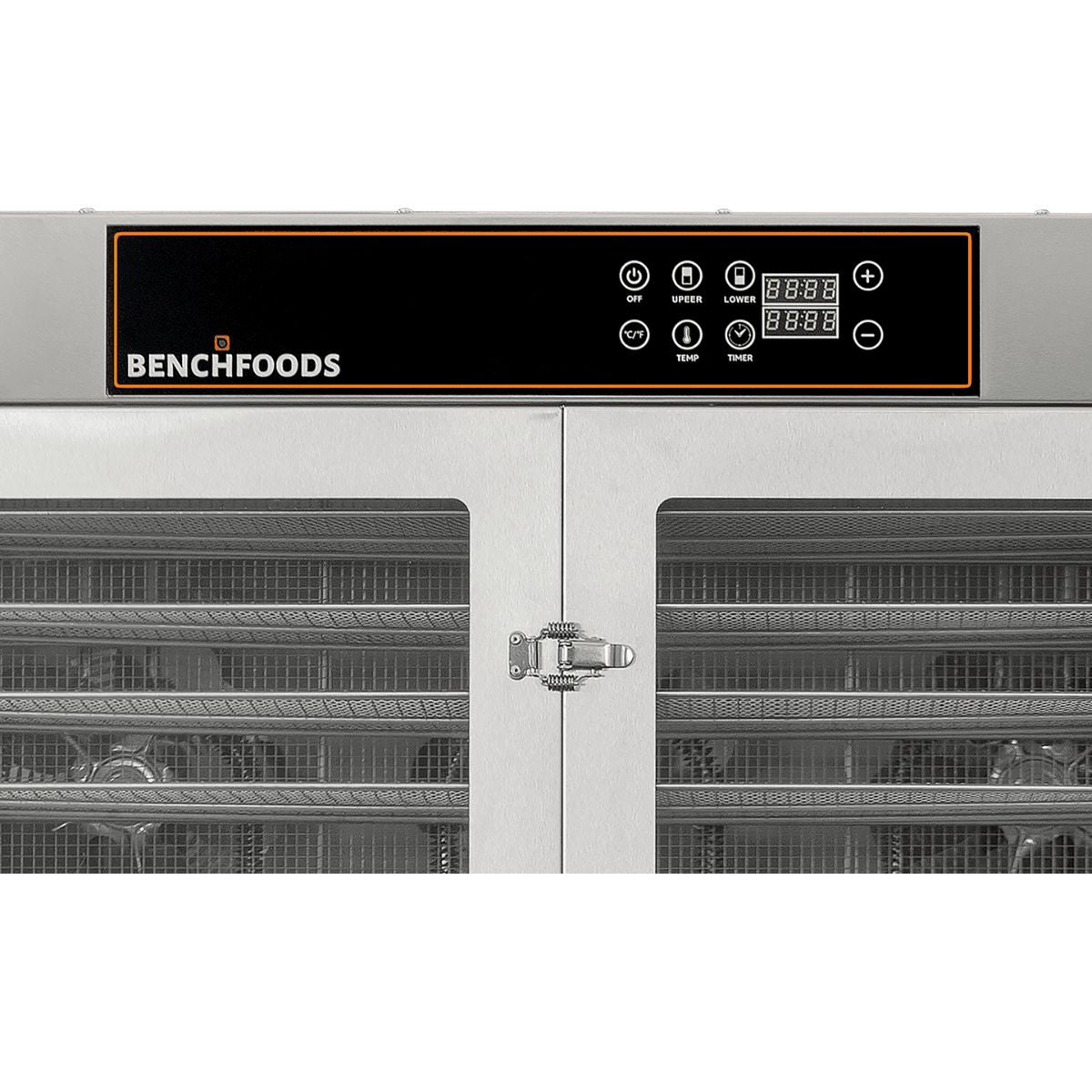 Close-up of the dual-zone digital touch control interface on the BenchFoods 28CUDG commercial biltong bundle dehydrator for independent zone configuration.