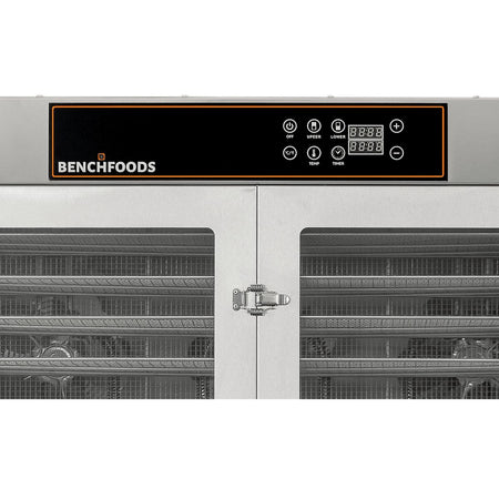 Close-up of the dual-zone digital touch control interface on the BenchFoods 28CUDG commercial biltong bundle dehydrator for independent zone configuration.