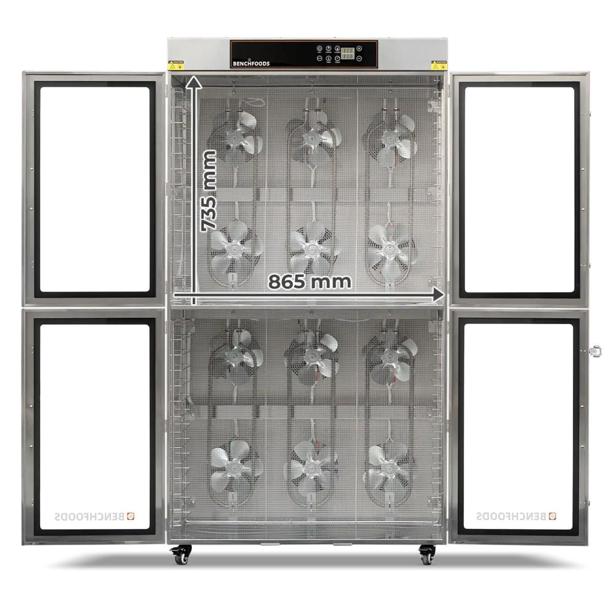 Internal zone chamber dimension chart for the BenchFoods 28CUDG commercial biltong bundle dehydrator showing interior cabinet height and width measurements.