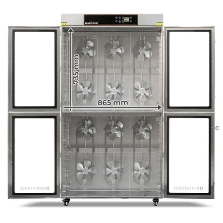Internal zone chamber dimension chart for the BenchFoods 28CUDG commercial biltong bundle dehydrator showing interior cabinet height and width measurements.