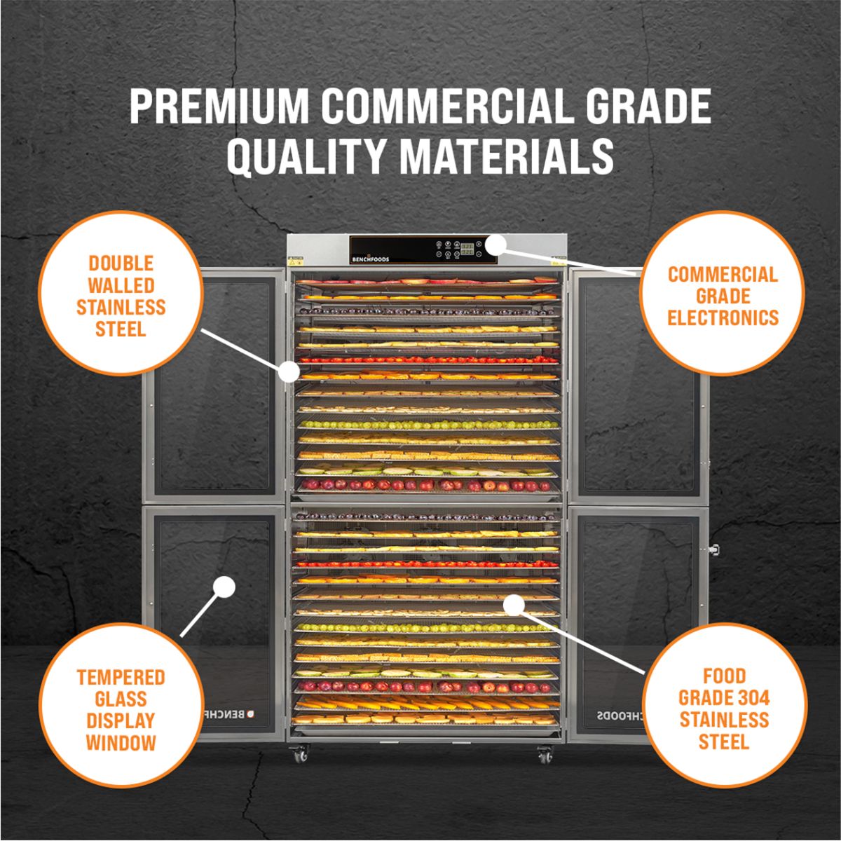 Infographic highlighting the premium 304 food-grade stainless steel construction and double-walled insulation of the BenchFoods 28CUDG biltong bundle dehydrator.