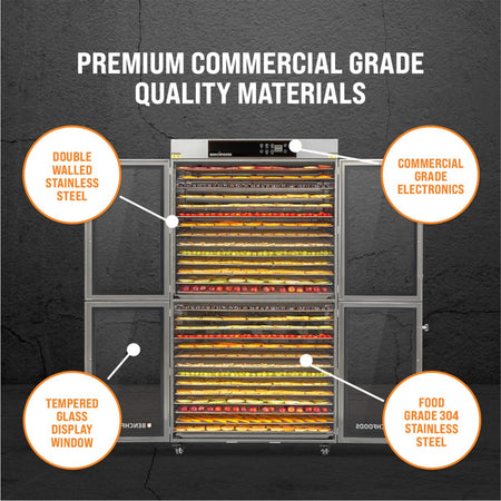 Infographic highlighting the premium 304 food-grade stainless steel construction and double-walled insulation of the BenchFoods 28CUDG biltong bundle dehydrator.