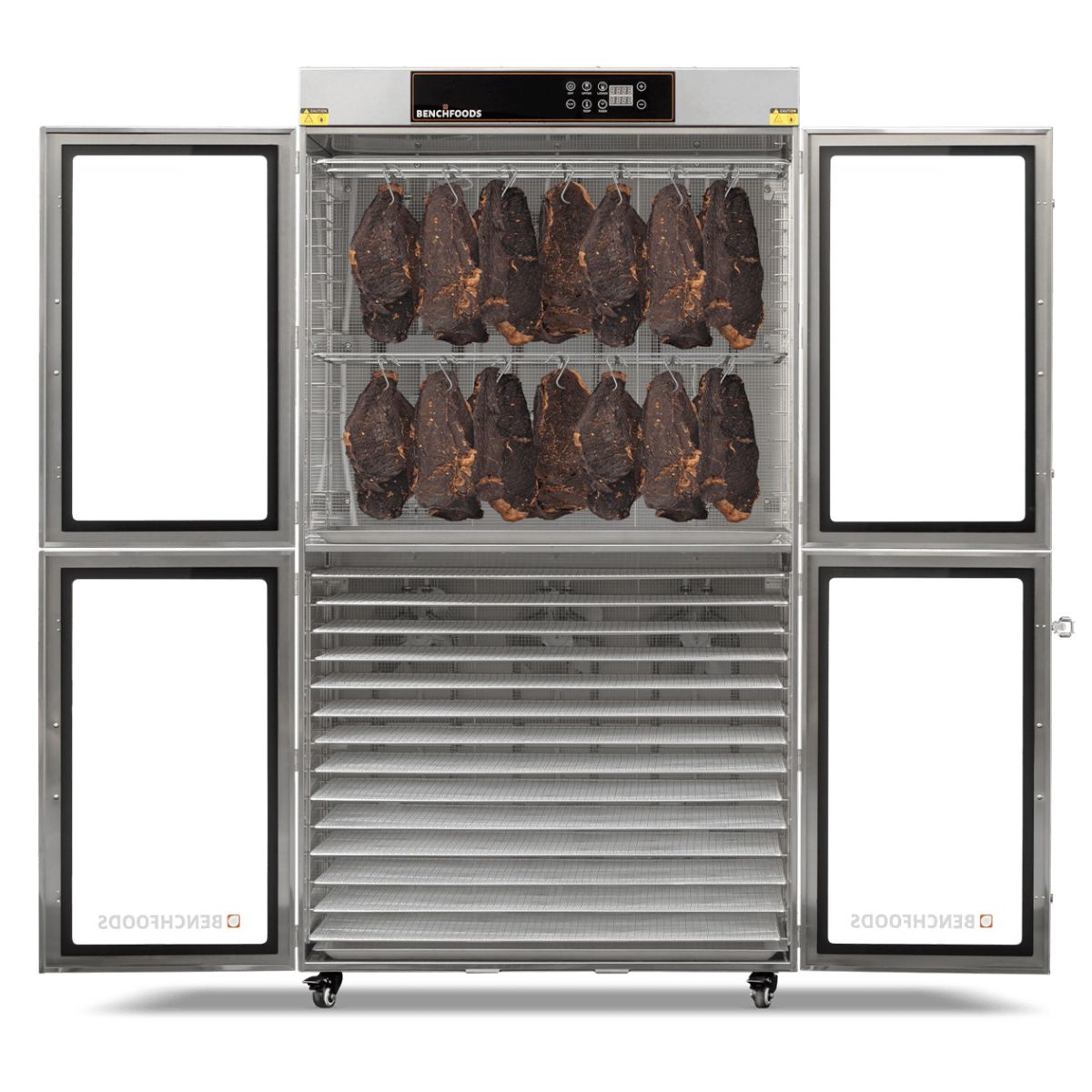 The BenchFoods 28CUDG 2-zone commercial biltong dehydrator with open doors, showcasing meat hanging on hooks in the upper zone and empty stainless trays below.