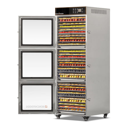 BenchFoods 30CUDG commercial dehydrator side view with doors open showing dehydrated fruit trays