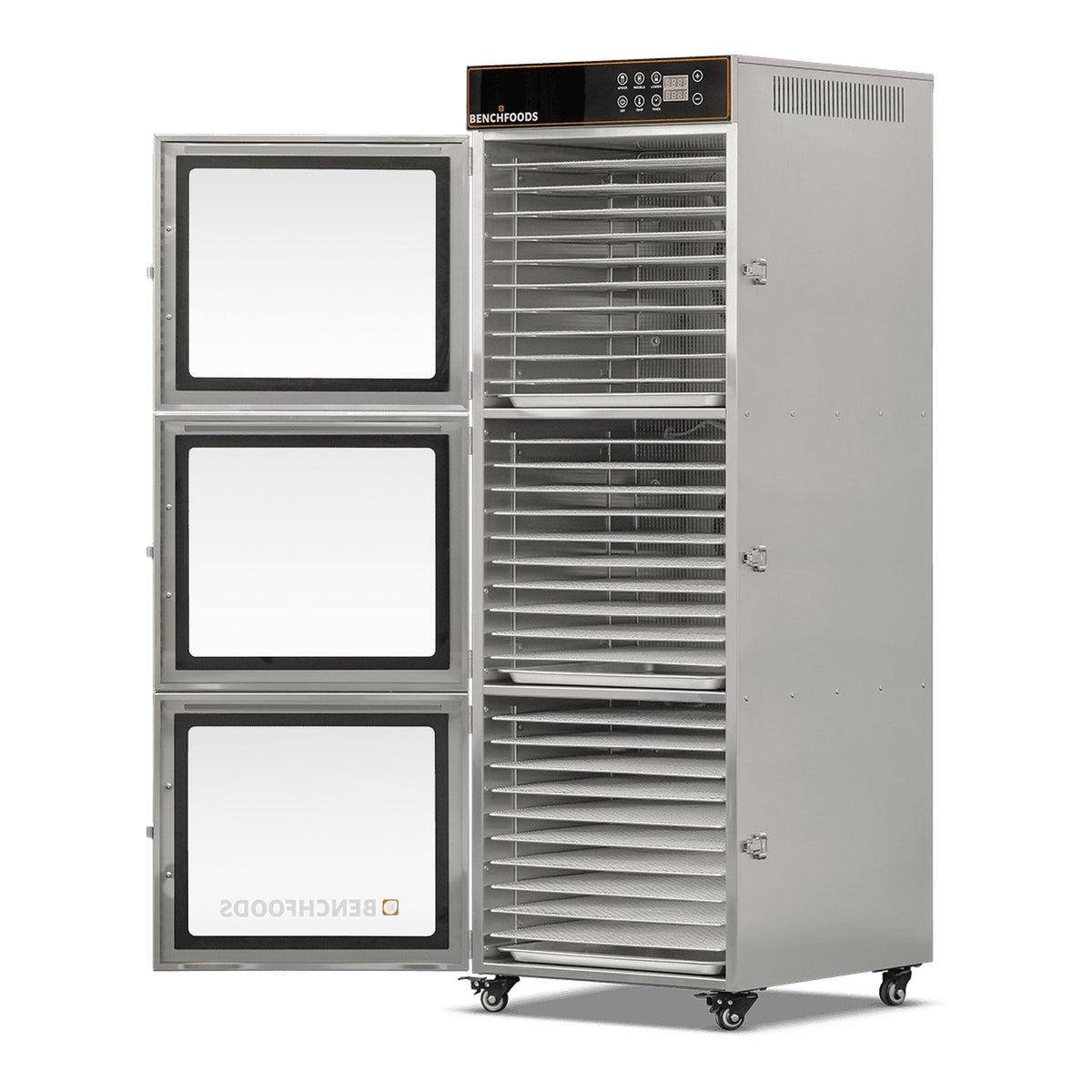 BenchFoods 30CUDG commercial dehydrator side view with doors open showing empty stainless steel trays