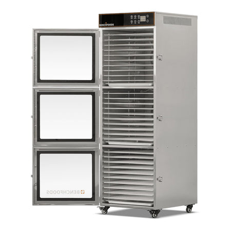BenchFoods 30CUDG commercial dehydrator side view with doors open showing empty stainless steel trays