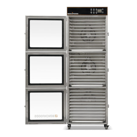 BenchFoods 30CUDG commercial dehydrator front view with doors open showing empty stainless steel trays