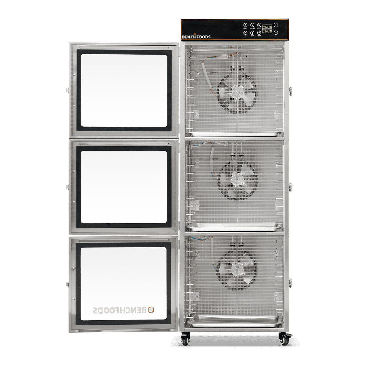 BenchFoods 30CUDG commercial dehydrator front view with doors open and trays removed showing internal fan system