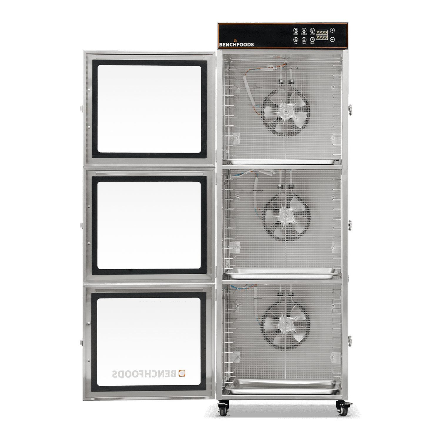 BenchFoods 30CUDG commercial dehydrator front view with doors open and trays removed showing internal fan system