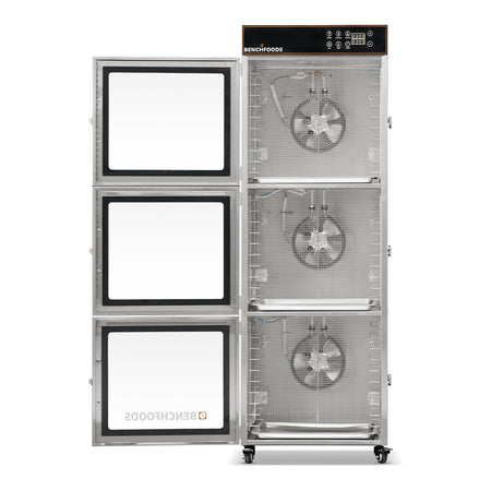 BenchFoods 30CUDG commercial dehydrator front view with doors open and trays removed showing internal fan system