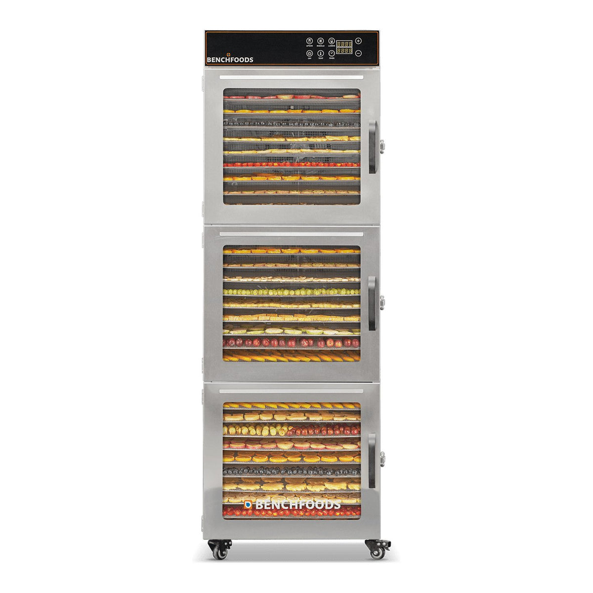 BenchFoods 30CUDG commercial dehydrator front view with closed doors showing dehydrated fruit trays loaded in all three zones