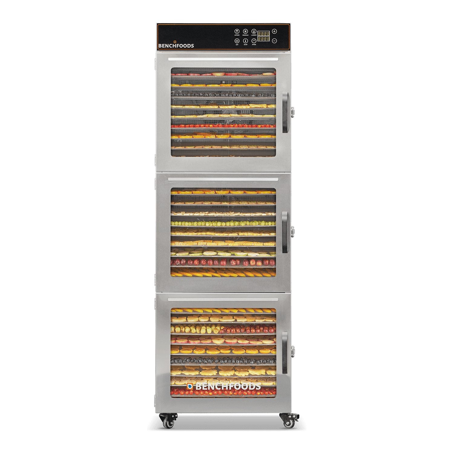 BenchFoods 30CUDG commercial dehydrator front view with closed doors showing dehydrated fruit trays loaded in all three zones