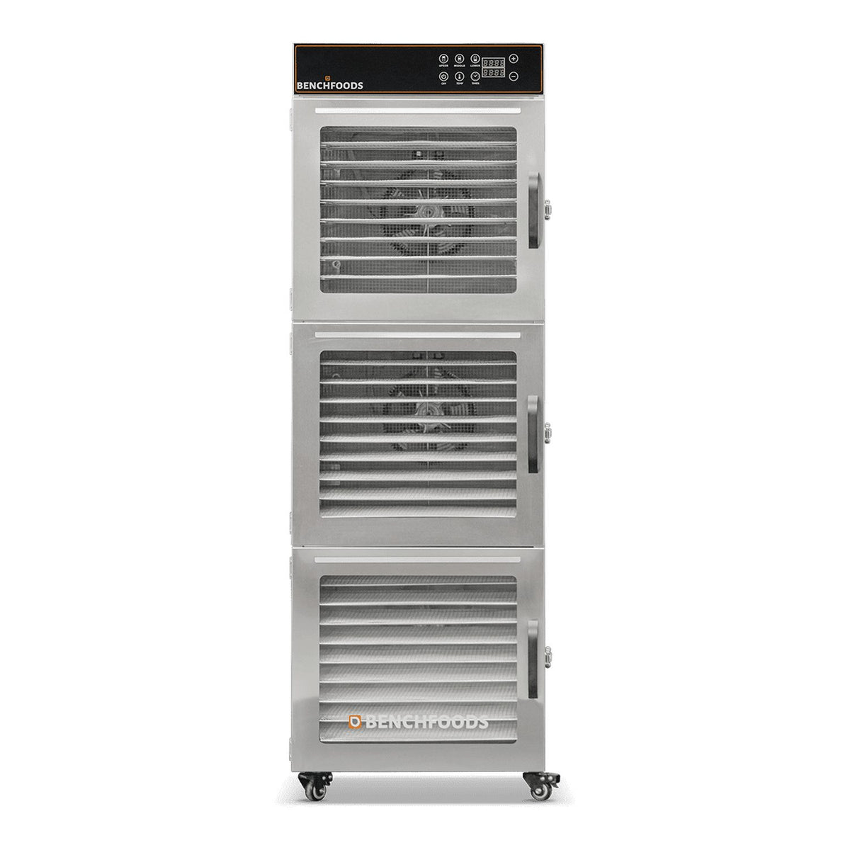 BenchFoods 30CUDG commercial dehydrator front view with closed doors showing empty stainless steel mesh trays