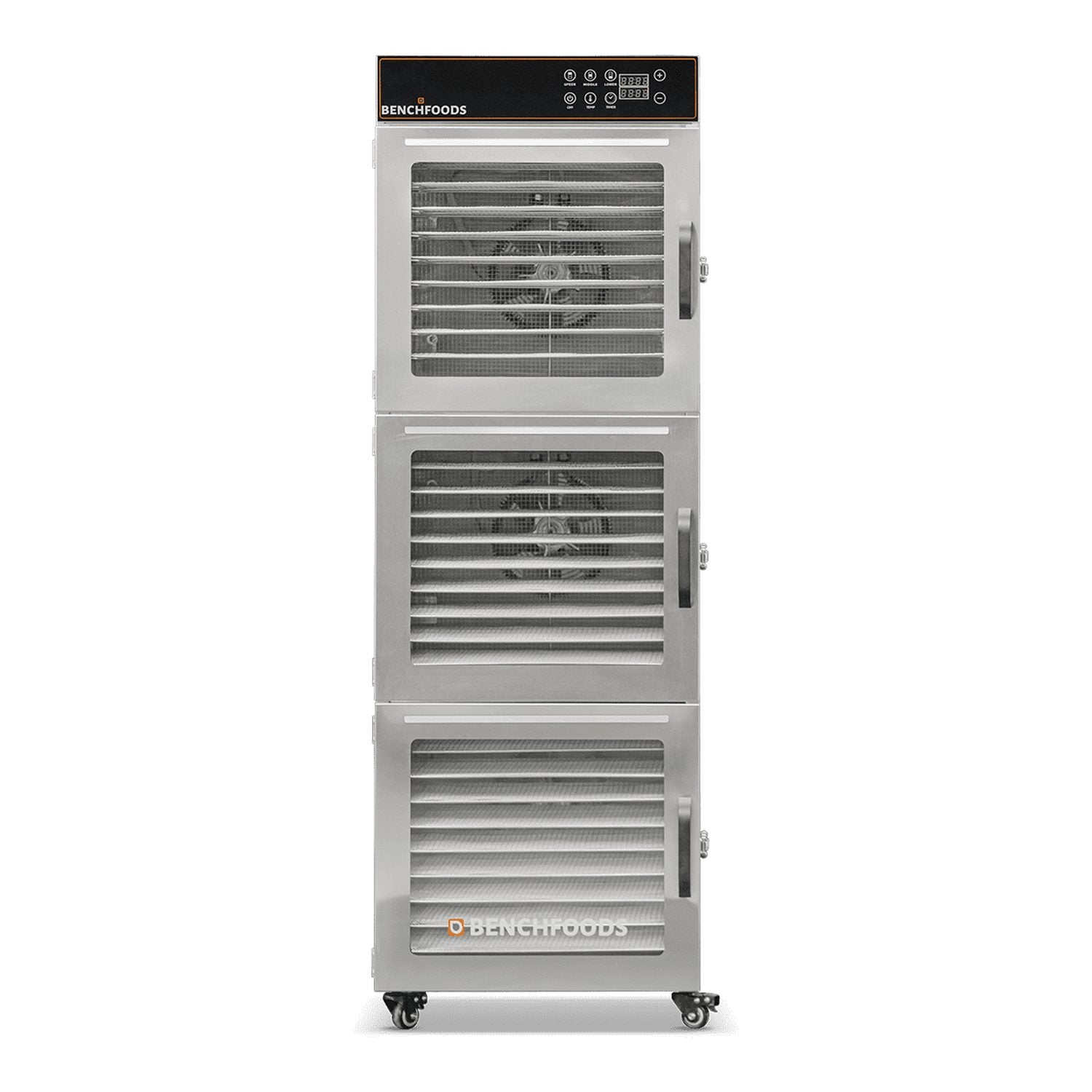 BenchFoods 30CUDG commercial dehydrator front view with closed doors showing empty stainless steel mesh trays