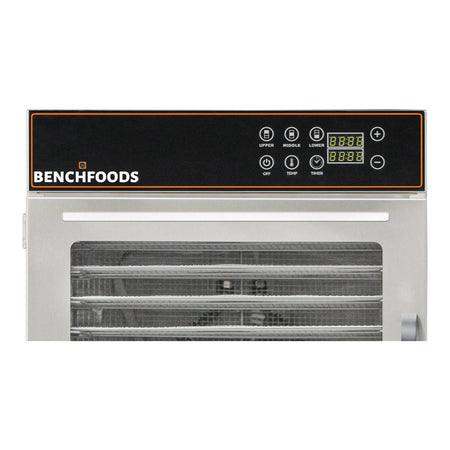 Close-up of the BenchFoods 30CUDG digital control panel with upper, middle, and lower zone controls