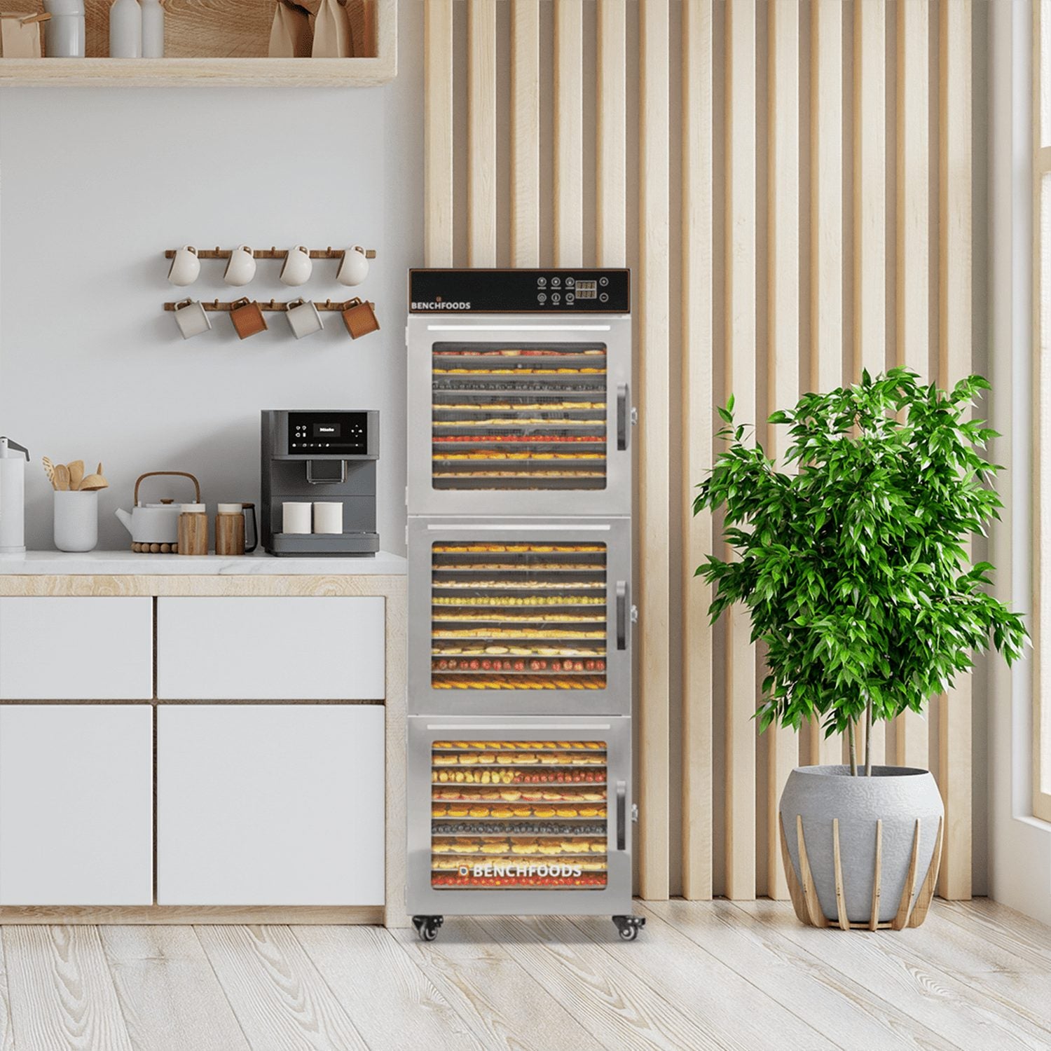 BenchFoods 30CUDG commercial dehydrator styled lifestyle photo with jars of dehydrated fruit and herbs