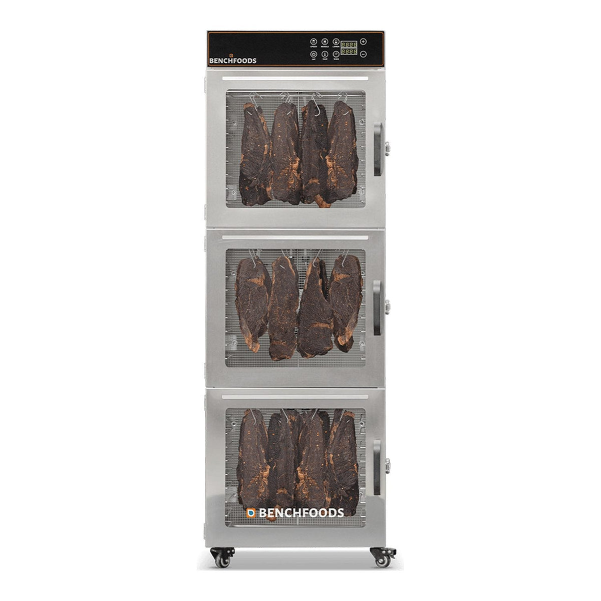 BenchFoods 30CUDG biltong bundle commercial dehydrator front view with closed doors showing biltong hanging in the upper and middle zones