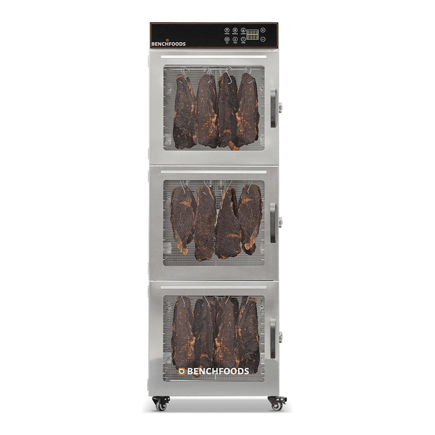 BenchFoods 30CUDG biltong bundle commercial dehydrator front view with closed doors showing biltong hanging in the upper and middle zones