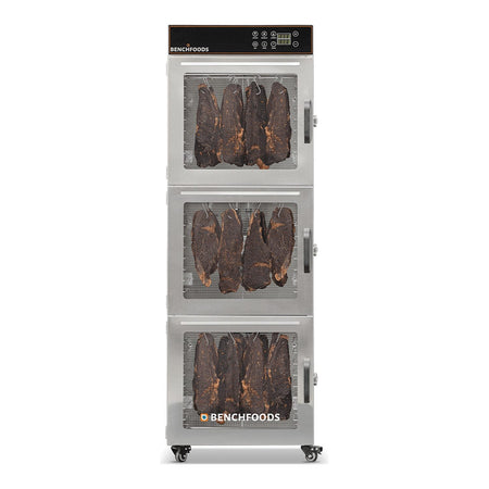 BenchFoods 30CUDG biltong bundle commercial dehydrator front view with closed doors showing biltong hanging in the upper and middle zones