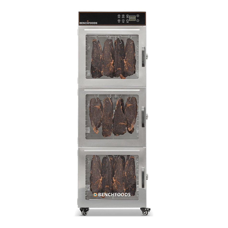 BenchFoods 30CUDG biltong bundle commercial dehydrator front view with closed doors showing biltong hanging in the upper and middle zones