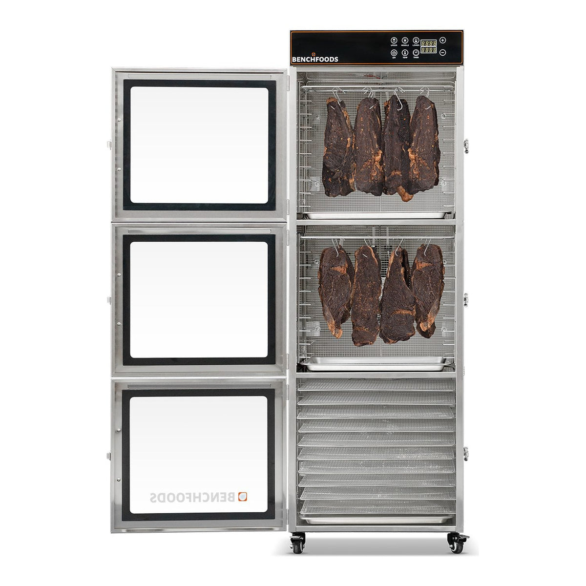 BenchFoods 30CUDG biltong bundle dehydrator with all three doors open showing biltong hanging in the upper and middle zones and empty stainless steel trays in the lower zone