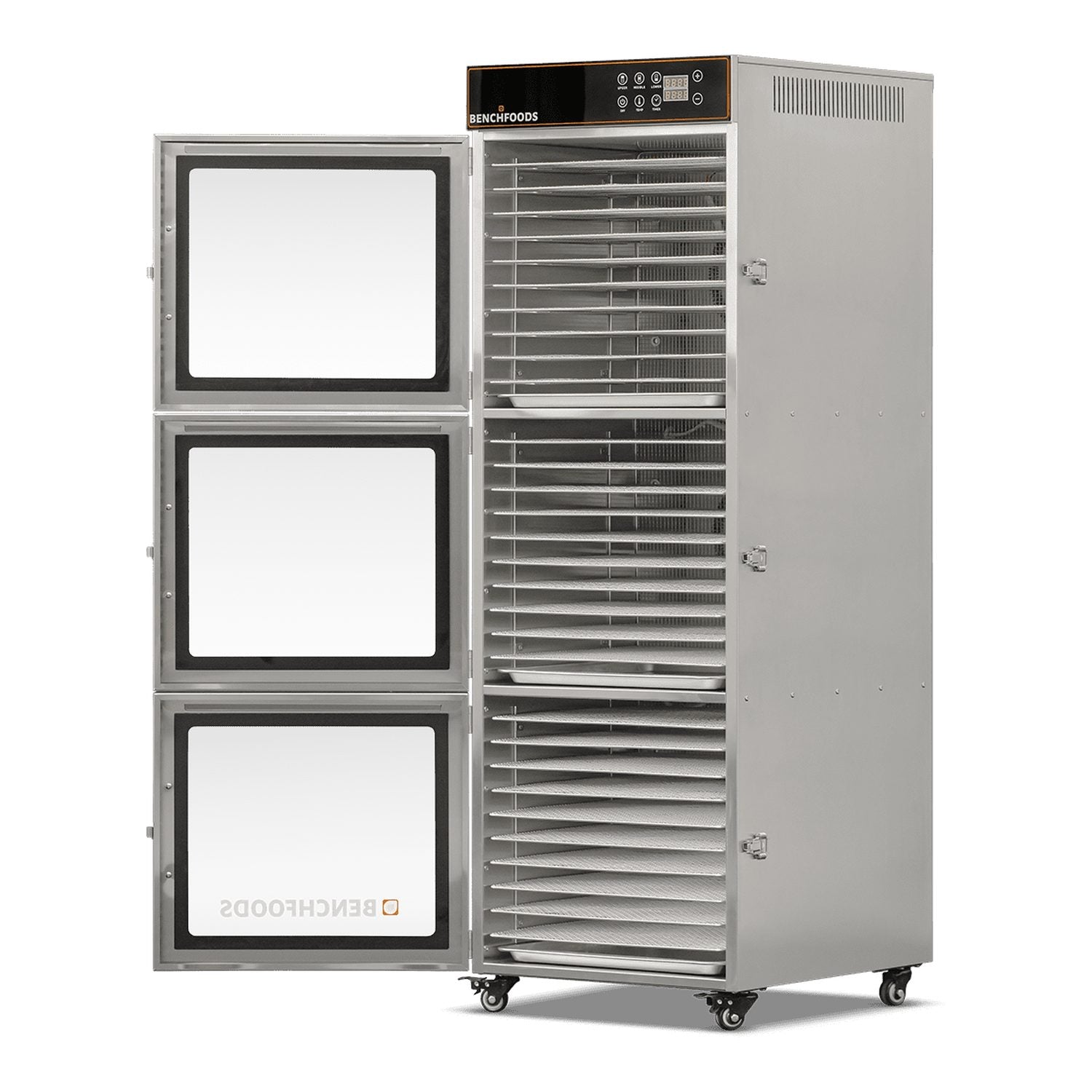 BenchFoods 30CUDG biltong bundle commercial dehydrator side view with open doors and empty stainless steel trays