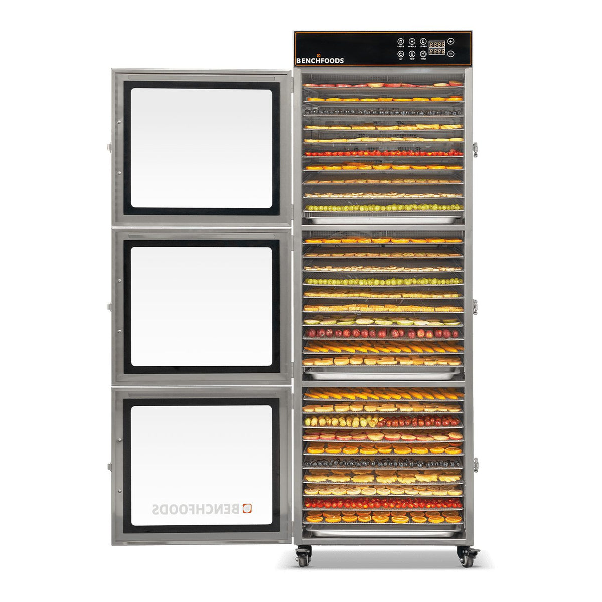 BenchFoods 30CUDG biltong bundle commercial dehydrator front view with open doors and dehydrated fruit loaded on trays