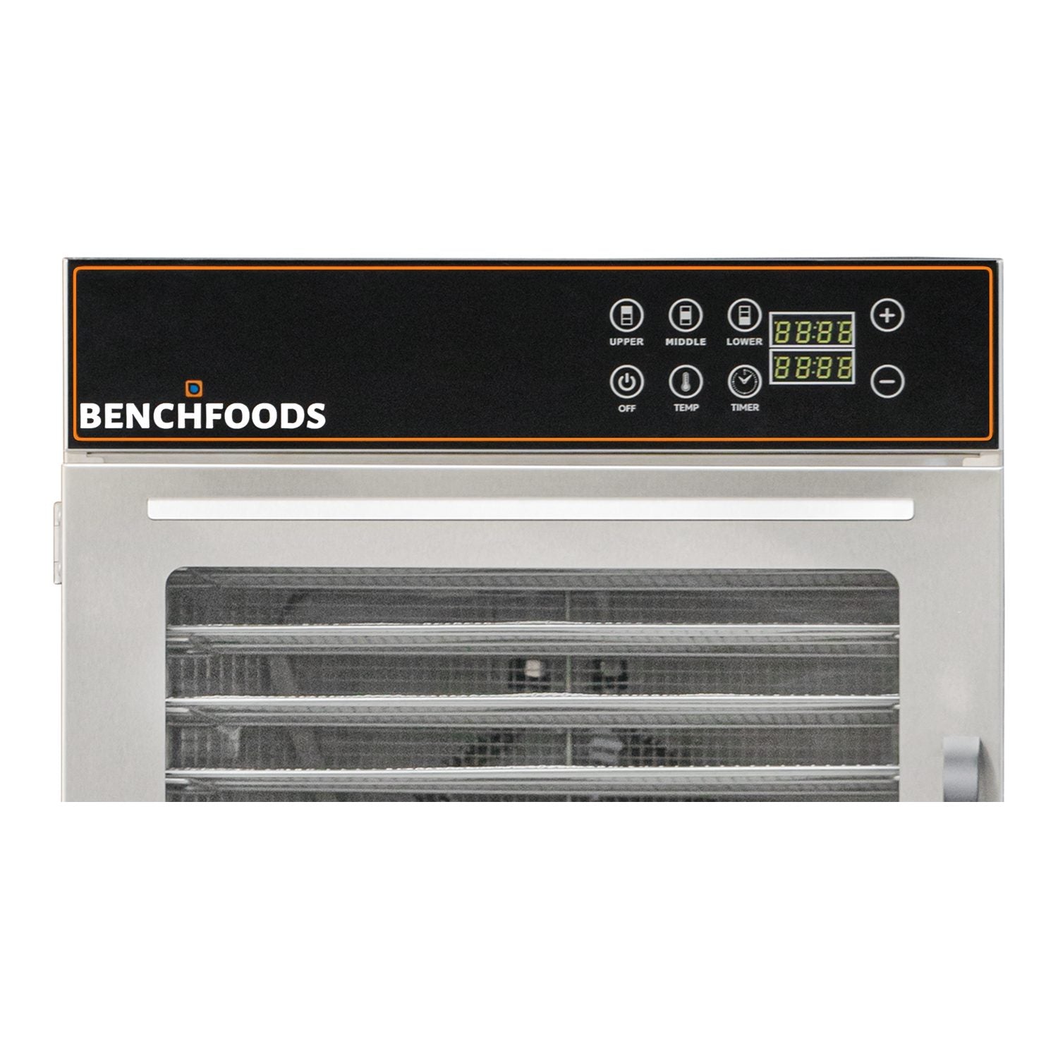Close-up of the BenchFoods 30CUDG biltong bundle digital control panel showing upper, middle, and lower zone settings