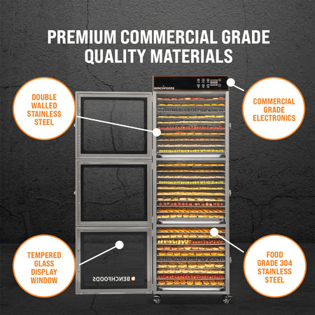 Infographic highlighting BenchFoods 30CUDG biltong bundle premium commercial grade materials and construction