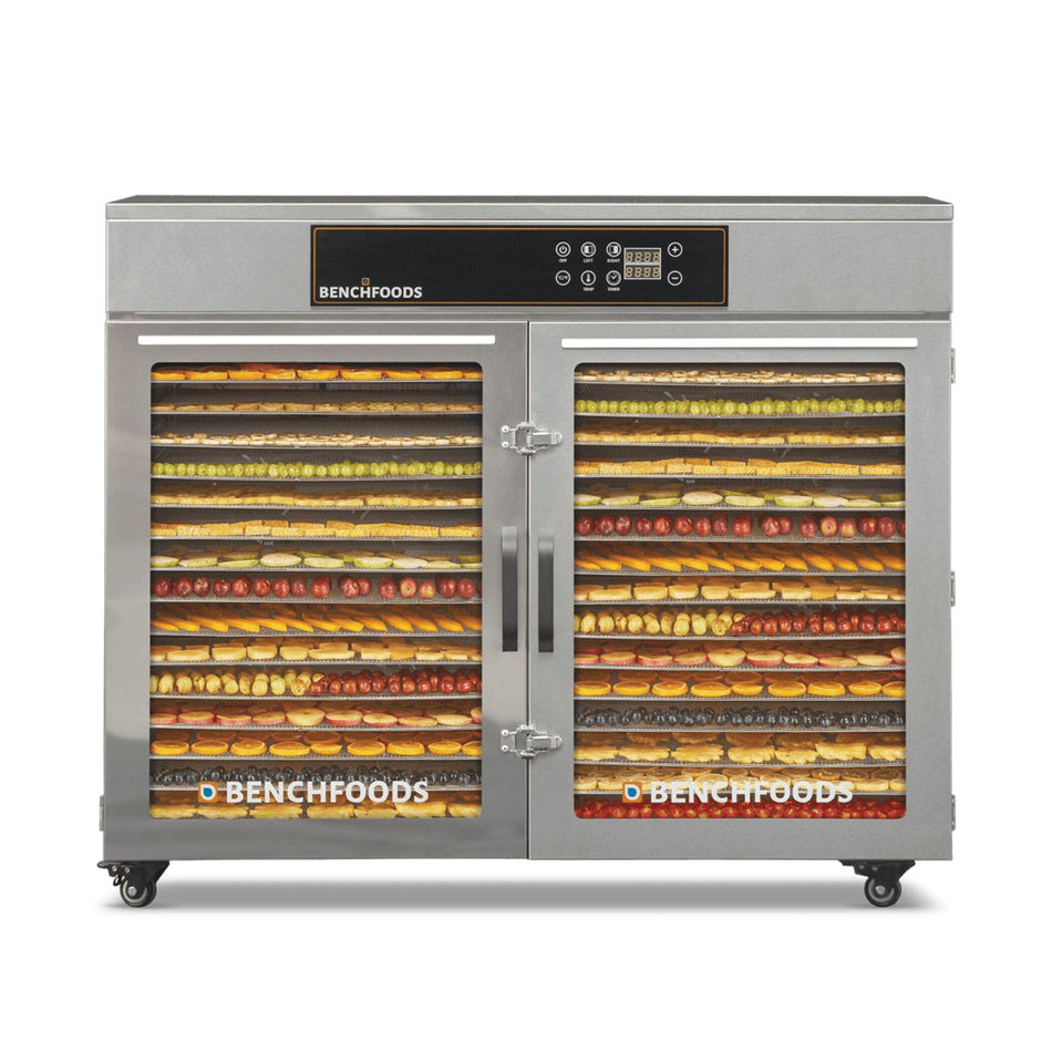 BenchFoods 32HCUDG horizontal commercial dehydrator front view with closed doors showing dehydrated fruit trays loaded in both zones