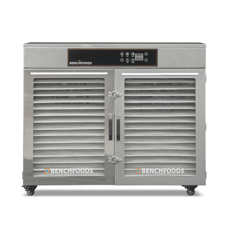 BenchFoods 32HCUDG horizontal commercial dehydrator front view with closed doors showing empty stainless steel mesh trays