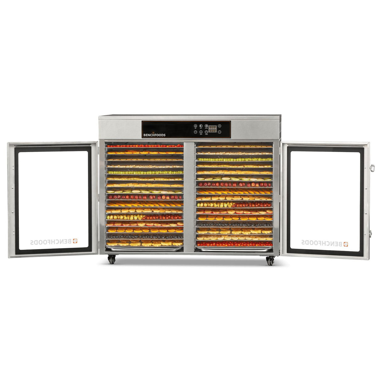 BenchFoods 32HCUDG horizontal commercial dehydrator with both doors open showing dehydrated fruit trays loaded in each zone