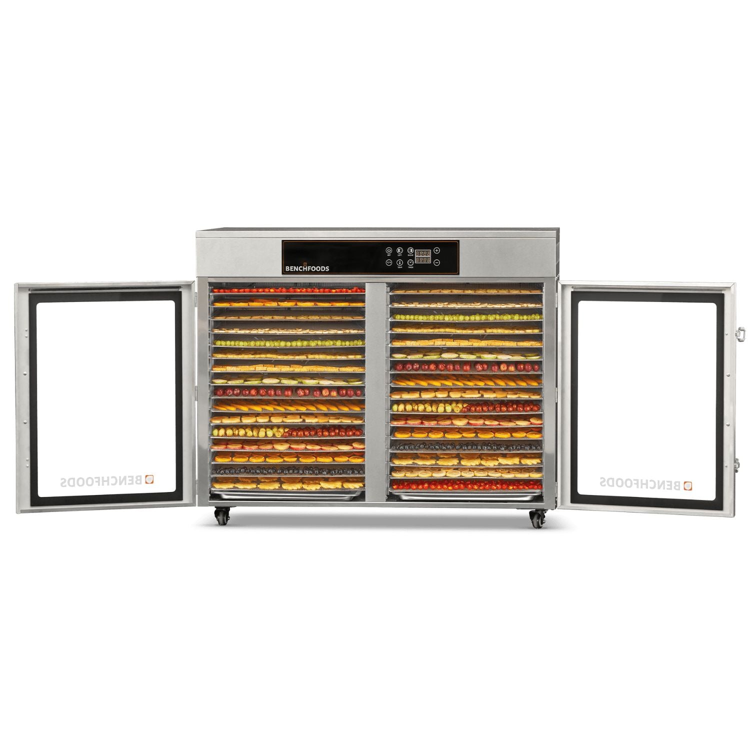 BenchFoods 32HCUDG horizontal commercial dehydrator with both doors open showing dehydrated fruit trays loaded in each zone