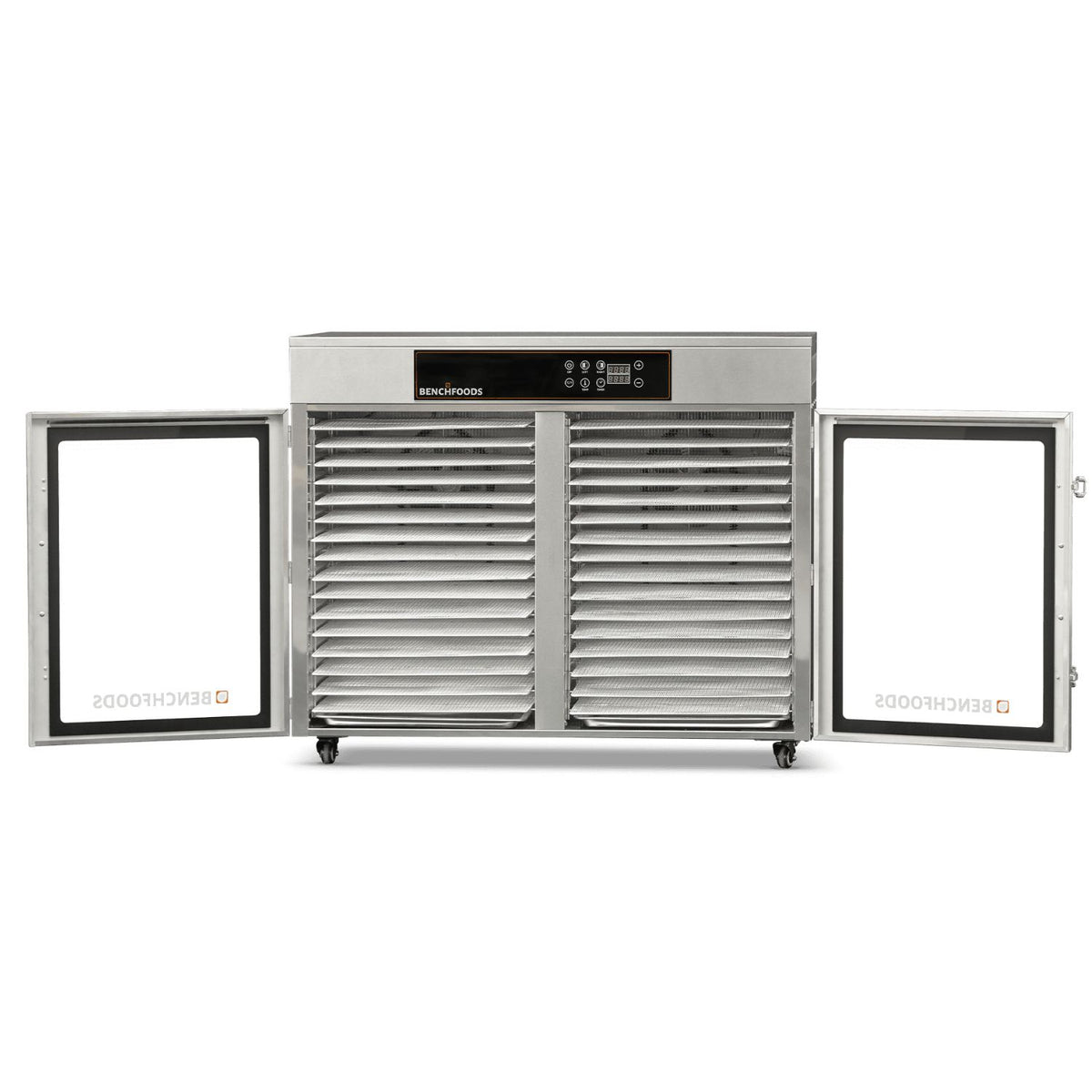 BenchFoods 32HCUDG horizontal commercial dehydrator with both doors open showing empty stainless steel mesh trays in each zone