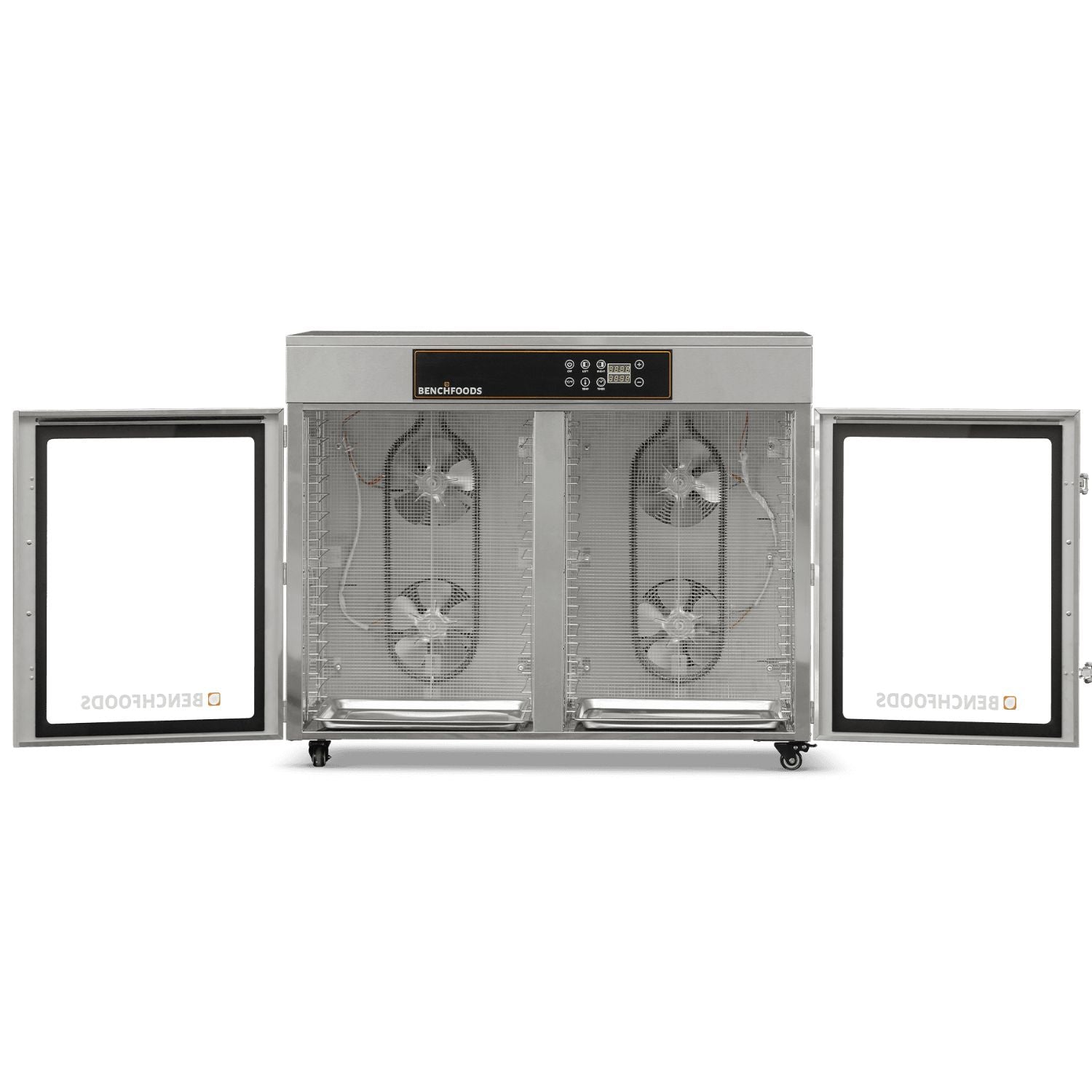 BenchFoods 32HCUDG horizontal commercial dehydrator with both doors open revealing the internal fan system