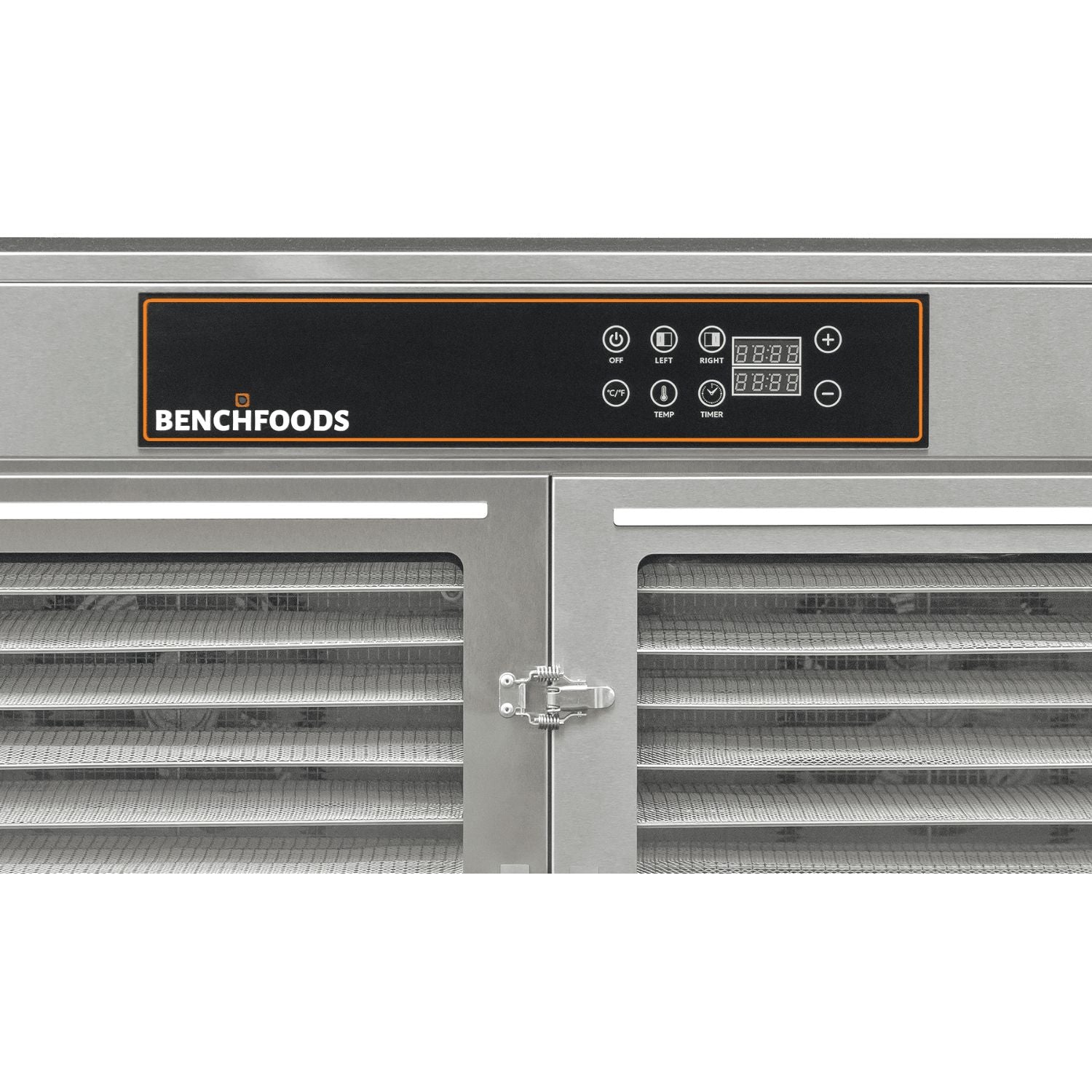 Close-up of the BenchFoods 32HCUDG digital control panel with left zone, right zone, temperature, and timer settings