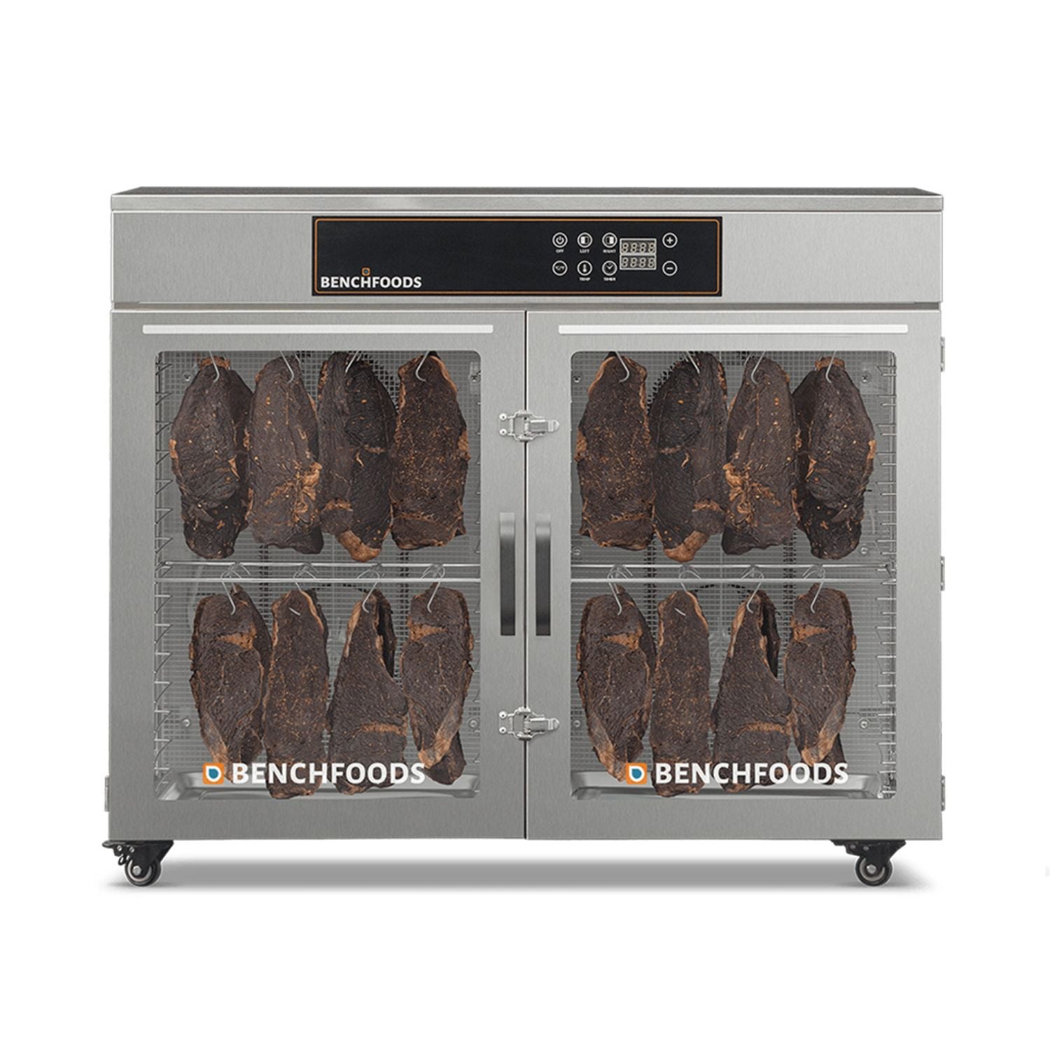 BenchFoods 32HCUDG biltong bundle horizontal commercial dehydrator front view with closed doors showing biltong hanging in both zones