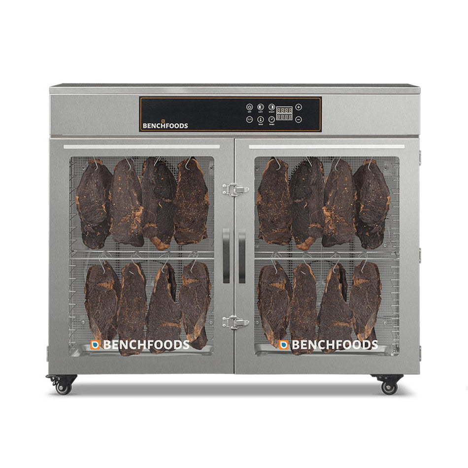 BenchFoods 32HCUDG biltong bundle horizontal commercial dehydrator front view with closed doors showing biltong hanging in both zones